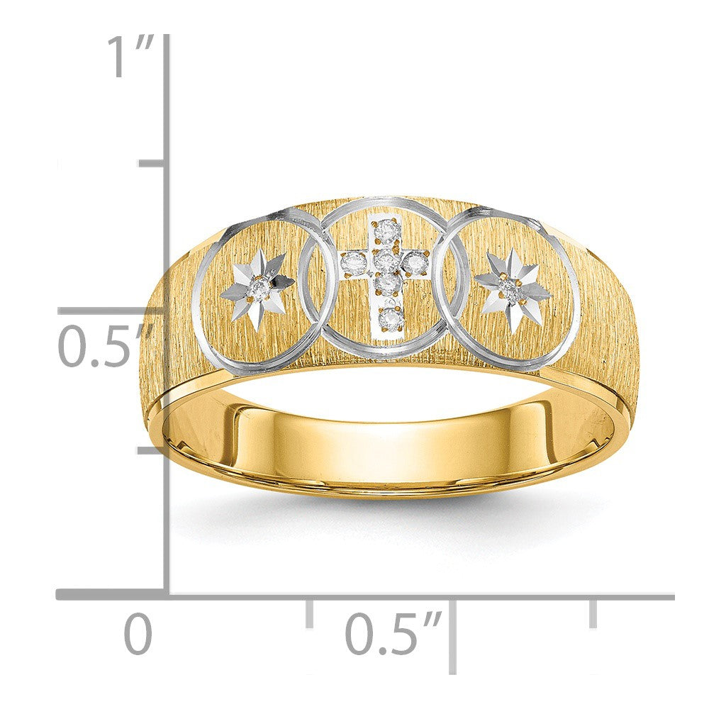 14K Gelbgold und Rhodium Aa Qualität.03 Karat Diamant Trio Herren Komplett Ehering mit Kreuz