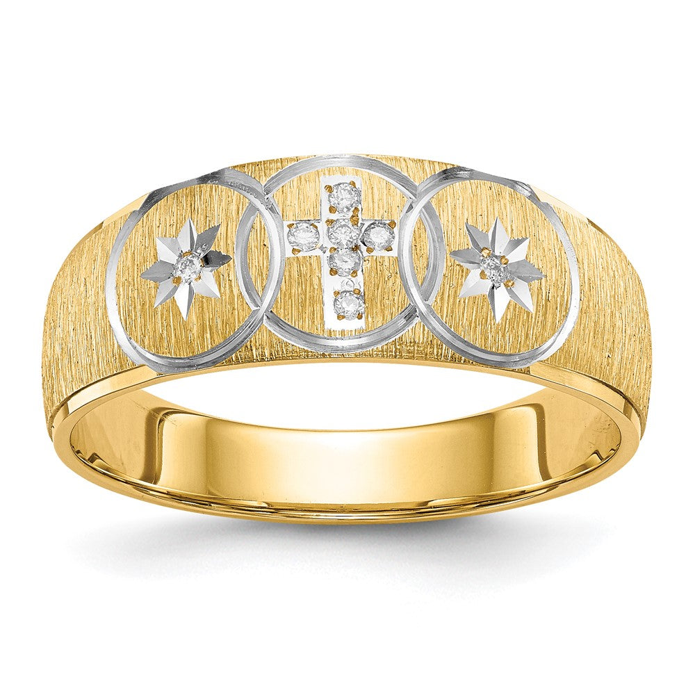 14K Gelbgold und Rhodium Aa Qualität.03 Karat Diamant Trio Herren Komplett Ehering mit Kreuz