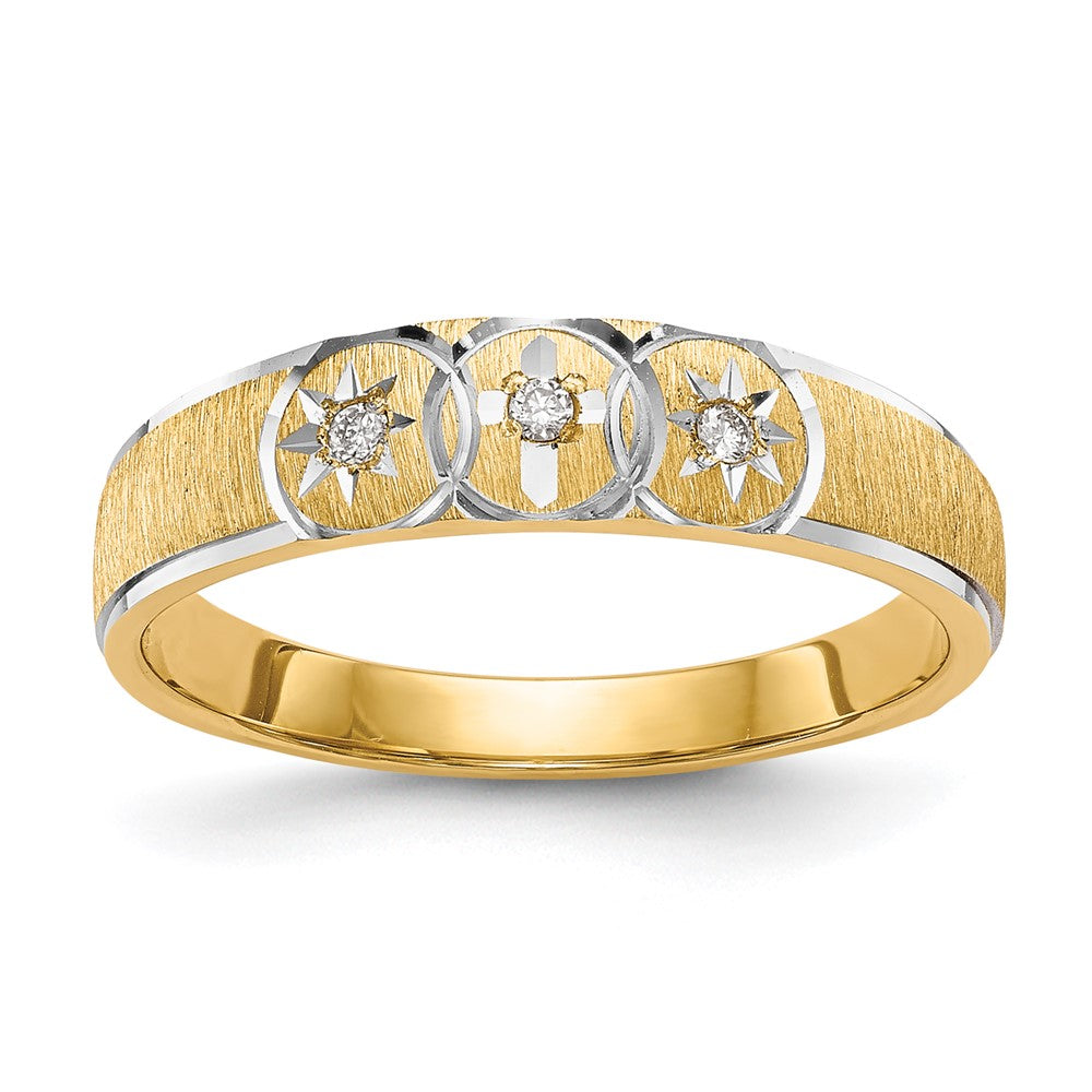 14K Gelbgold und Rhodium Aa Qualität.03 Karat Diamant Trio Damen Komplett Ehering mit Kreuz