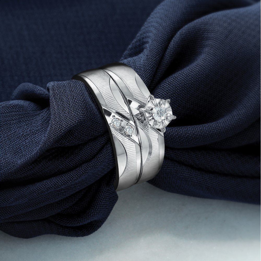 14K Weißgold Aa Qualität.02 Karat Diamant Trio Damen Komplett Ehering