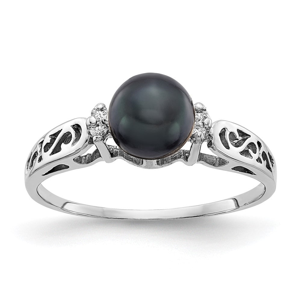 14K Weißgold Ring mit 6 mm schwarzer FW Zuchtperle AAA und echten Diamanten