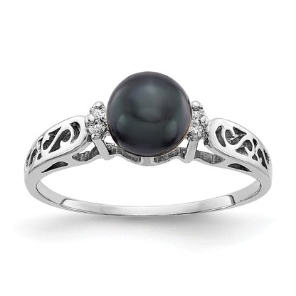 14K Weißgold Ring mit 6 mm schwarzer FW Zuchtperle AAA und echten Diamanten