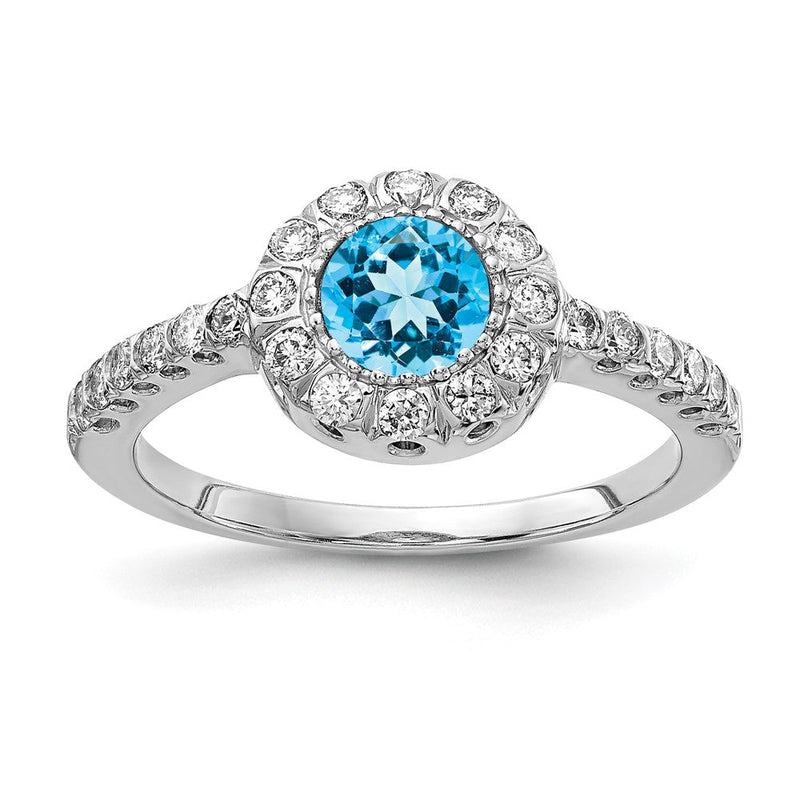 585 Weißgold Ring mit 5 mm blauem Topas VS und echtem Diamant