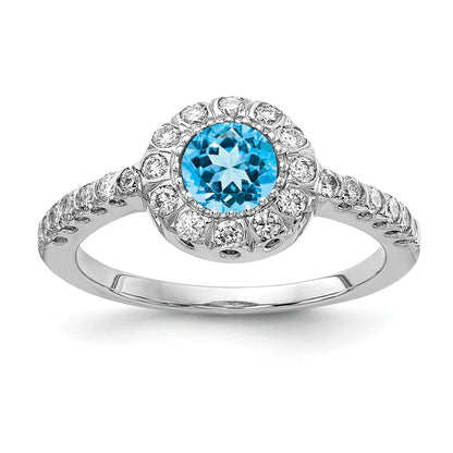 14K Weißgoldring mit blauem Schachbrett-Topas, 5 mm, AAA, und echten Diamanten