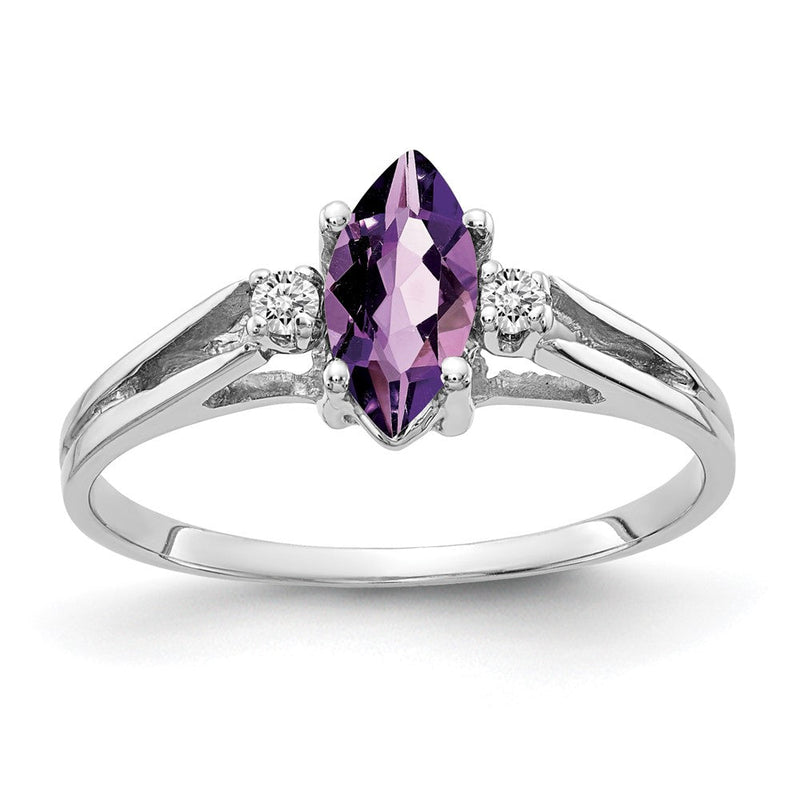 14K Weißgold Ring mit 8x4mm Amethyst im Marquise-Schliff VS und echten Diamanten