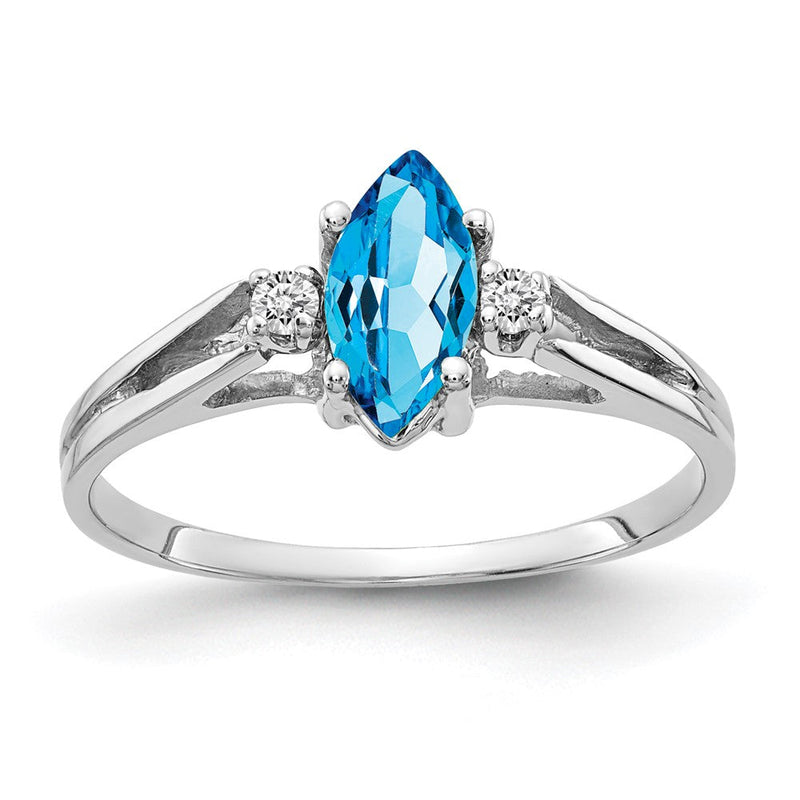 14K Weißgold Ring mit 8x4mm Blautopas im Marquise-Schliff VS und echten Diamanten