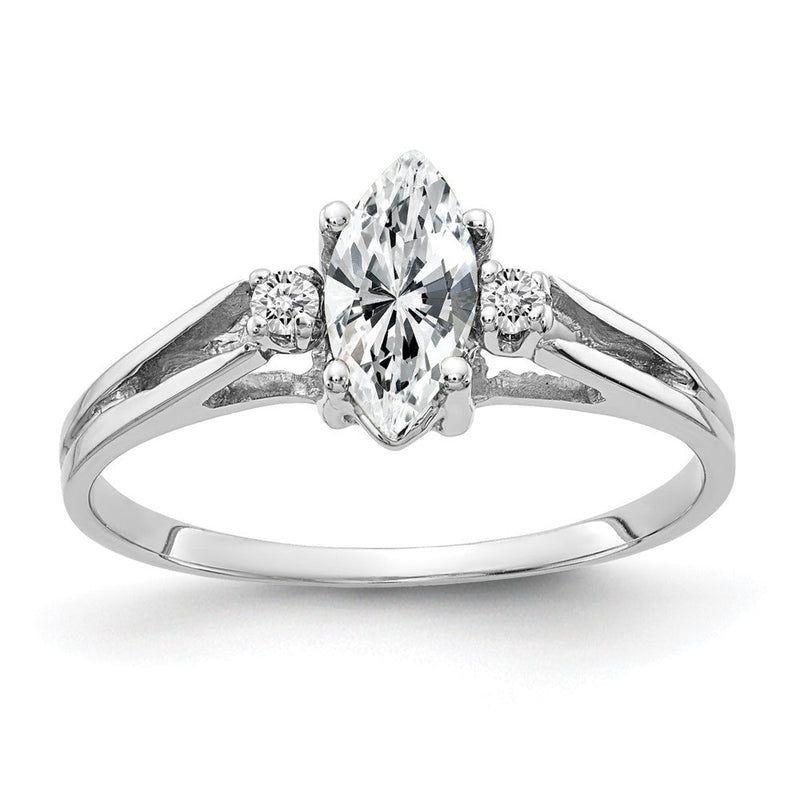 14K Weißgold Ring mit 8x4 mm Zirkonia im Marquise-Schliff, AAA, und echtem Diamant