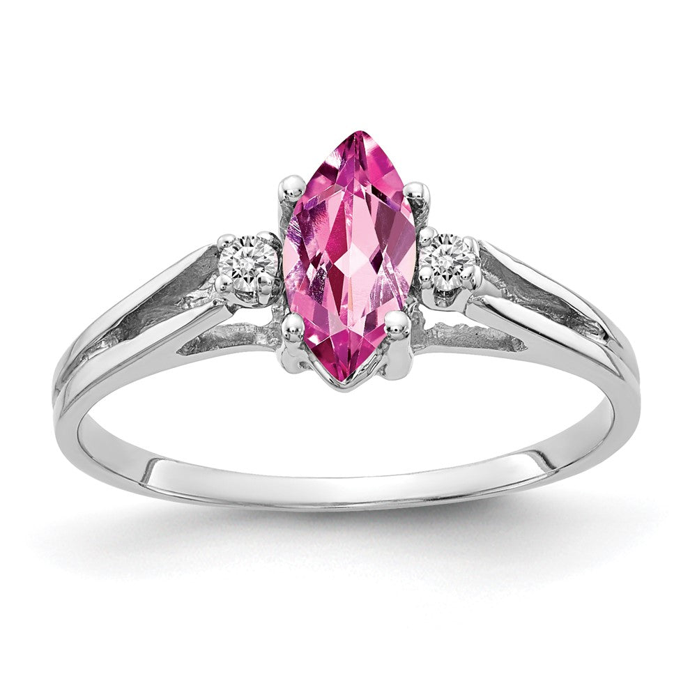 14K Weißgold Ring mit 8x4mm pinkem Saphir in Marquise-Form und einem echten Diamanten