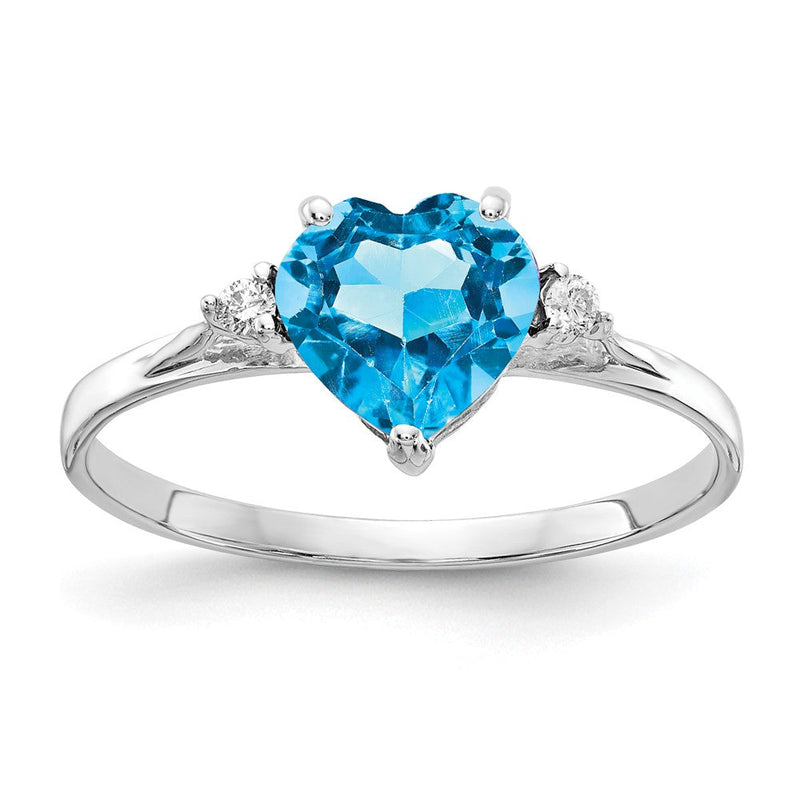 14K Weißgold Ring mit 7-mm-Blautopas im Herzschliff, Qualität A, und einem echten Diamanten