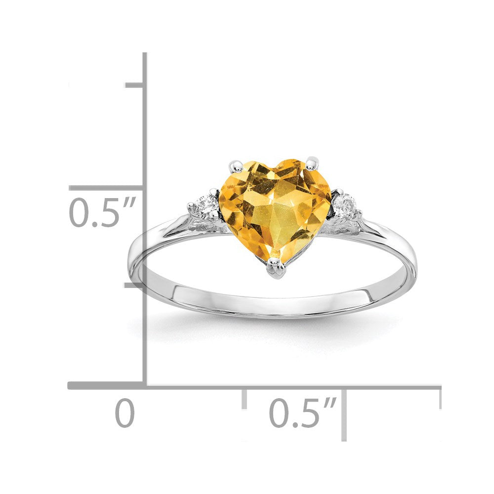 14K Weißgoldring mit Citrin im Herzschliff (7 mm, AAA) und echten Diamanten