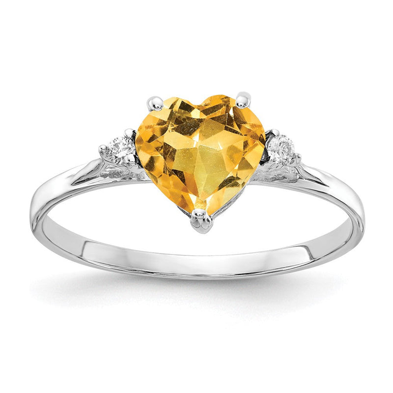 Ring aus 14 Karat Weißgold mit 7-mm-Citrin im Herzschliff und echten Diamanten
