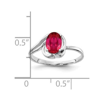 Massiv 14K Weißgold 7x5mm Oval Synthetisch Rubin Ring