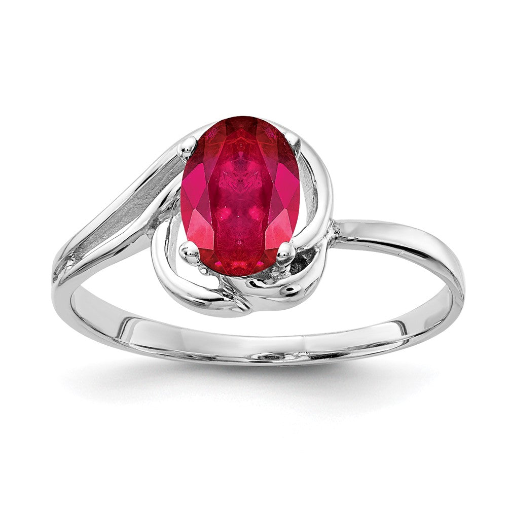 Massiv 14K Weißgold 7x5mm Oval Synthetisch Rubin Ring