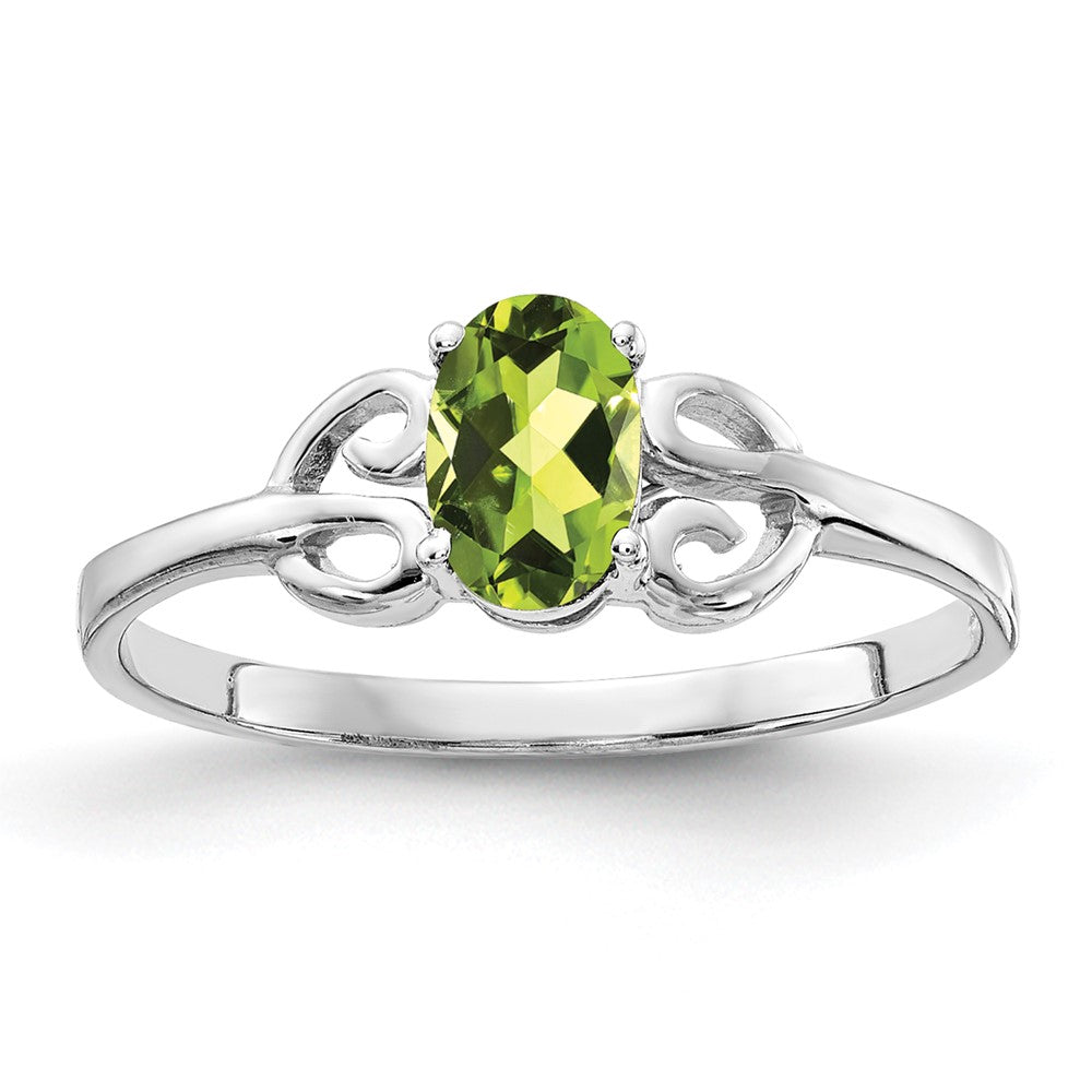 14K Weißgold Ring mit 6x4mm ovalem Peridot im Schachbrettschliff