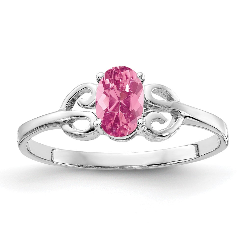 Massivring aus 14K Weißgold mit ovalem 6x4mm simuliertem rosa Turmalin
