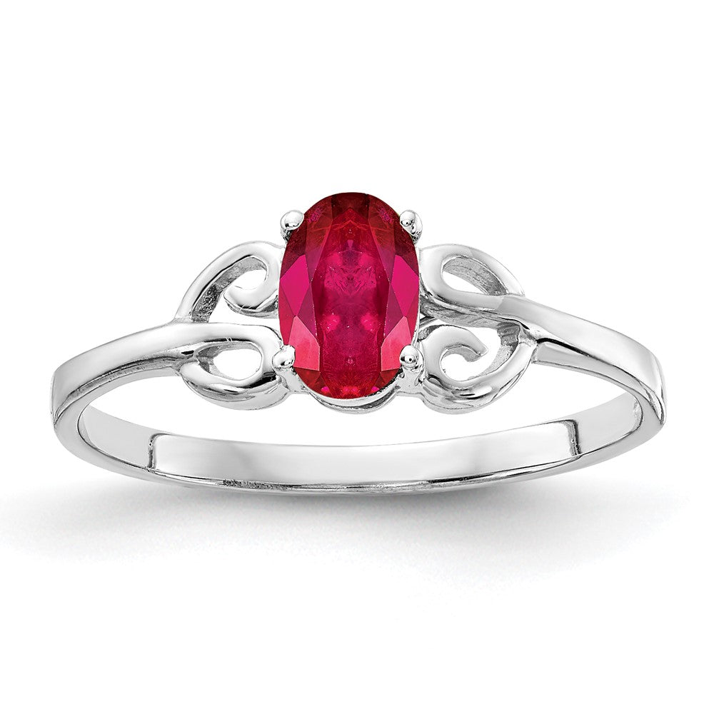 Massiv 14K Weißgold 6x4mm Oval Synthetisch Rubin Ring