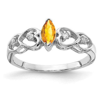14K Weißgold Ring mit 6x3 mm Citrin im Marquise-Schliff und echtem Diamant