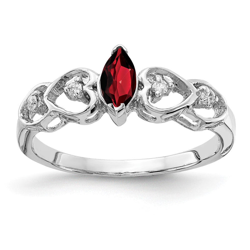 14K Weißgold Ring mit 6x3 mm Granat im Marquise-Schliff (Farbe A) und echtem Diamant