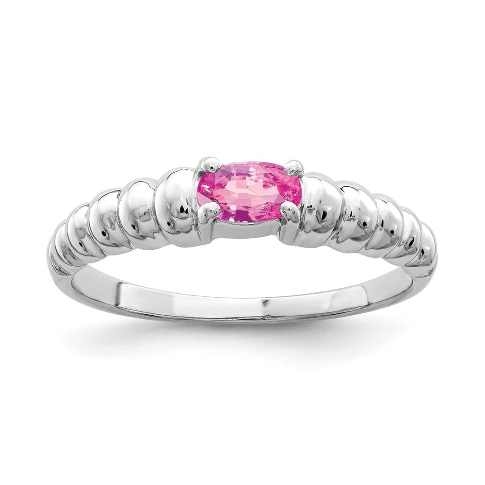 Massiv 14K Weißgold 5x3mm Oval Rosa Synthetisch Saphir Ring