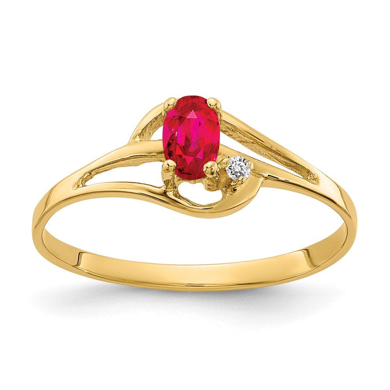 14K Gelbgold Ring mit ovalem 5x3-mm-Rubin und echtem Diamant