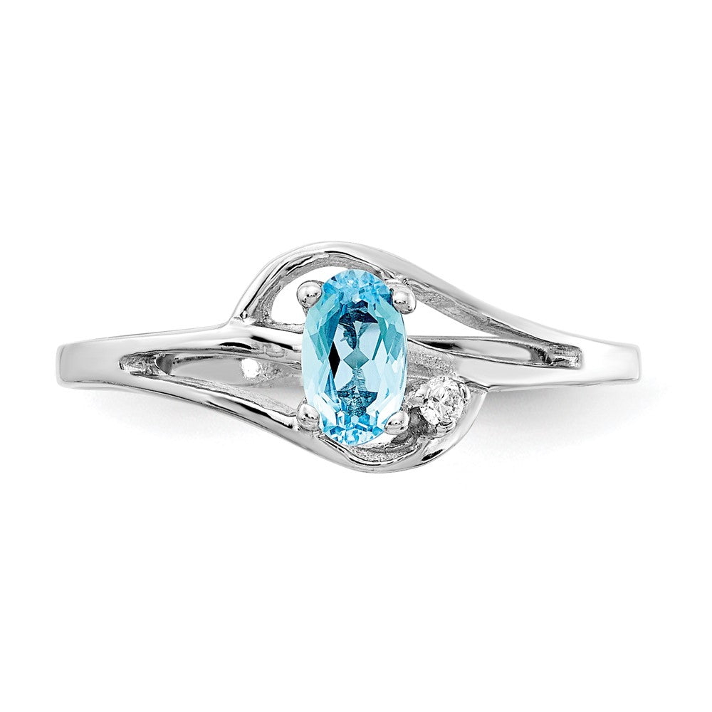 14K Weißgoldring mit ovalem blauem Topas (5 x 3 mm) VS und echten Diamanten