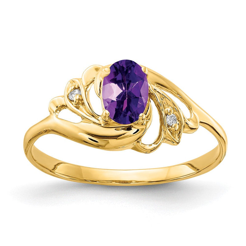14K Gelbgold Ring mit ovalem Amethyst im Schachbrettschliff, 6x4 mm, und echten Diamanten
