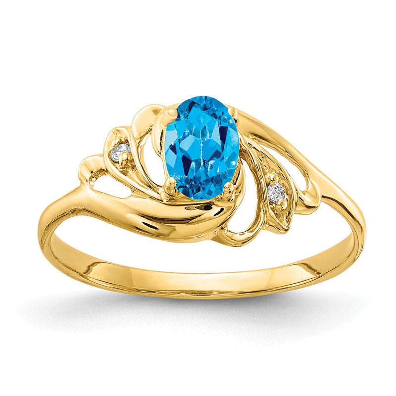 14K Gelbgold Ring mit ovalem Blautopas 6x4 mm und echten Diamanten VS
