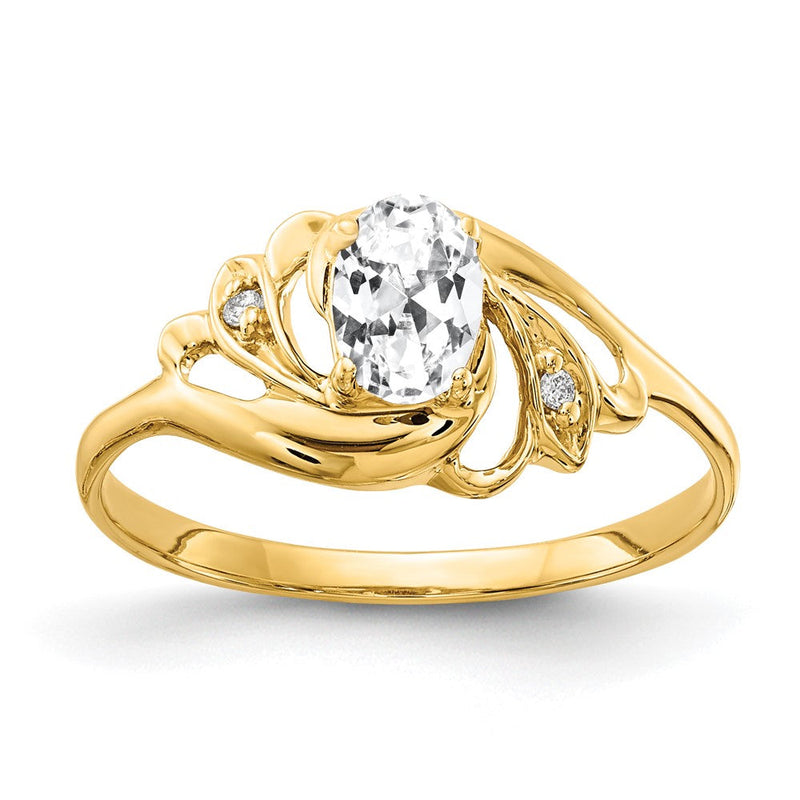 14K-Gelbgold-Ring mit ovalem 6x4-mm-Zirkonia der Güteklasse A und einem echten Diamanten