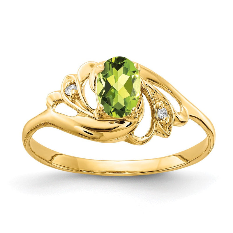 14K Gelbgold Ring mit 6x4 mm ovalem Peridot AA und echten Diamanten
