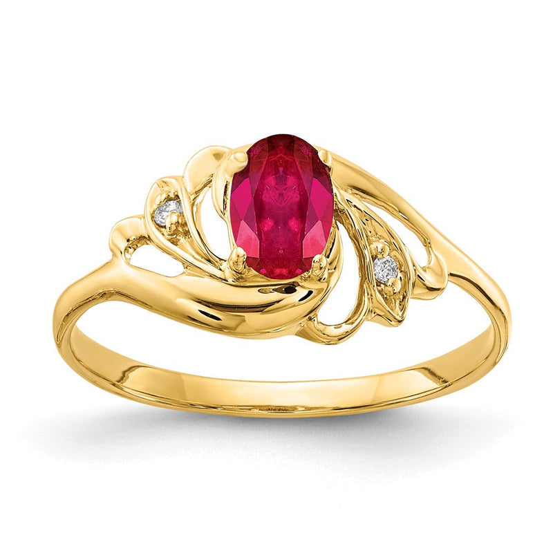 14K Gelbgold Ring mit ovalem 6x4 mm Rubin AA und echten Diamanten