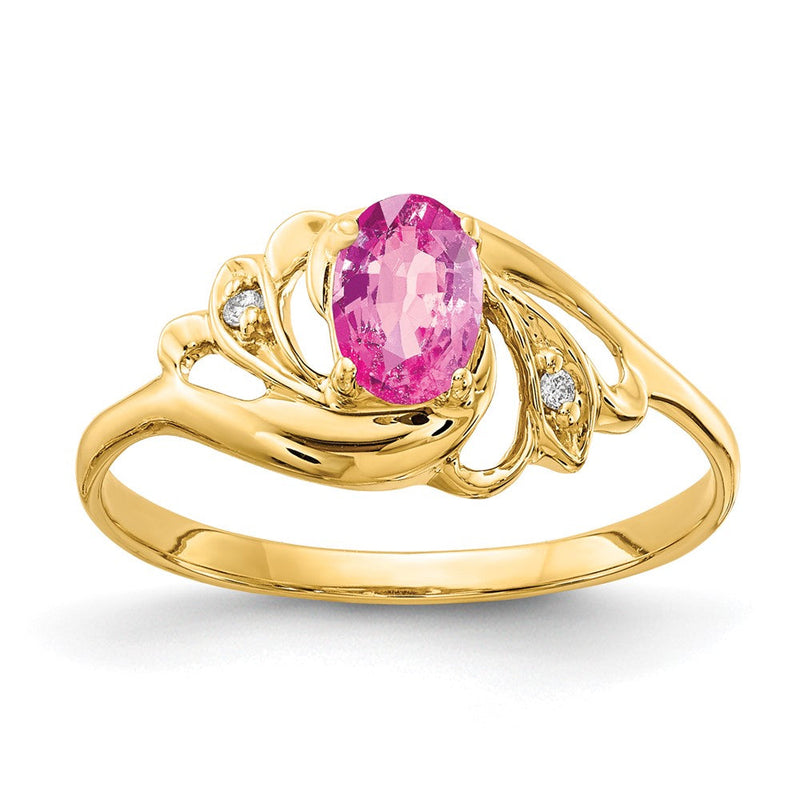 14K Gelbgold Ring mit ovalem rosa Saphir 6x4 mm VS und echtem Diamant