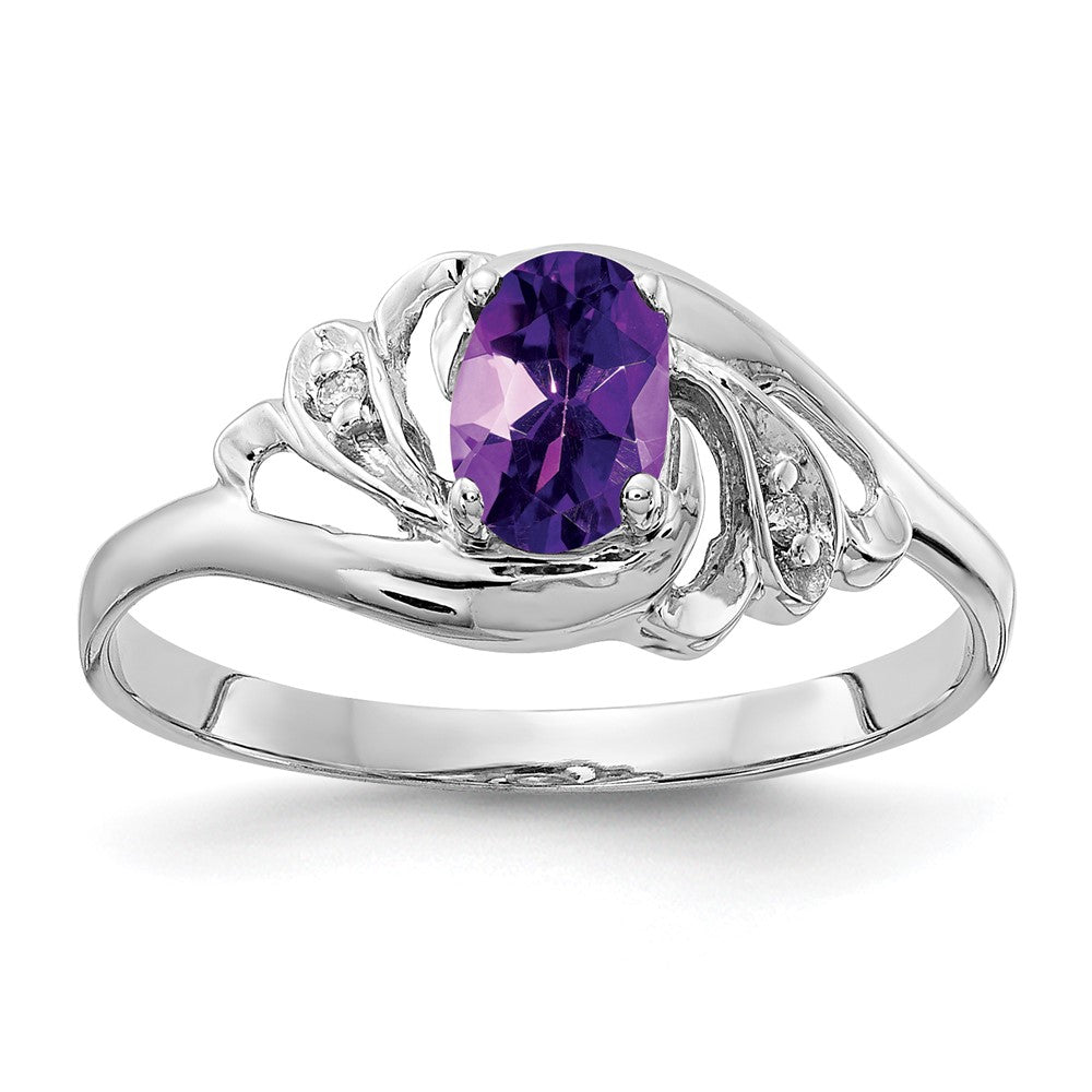 14K Weißgold Ring mit ovalem Amethyst im Schachbrettschliff (6x4 mm) und echten Diamanten, VS