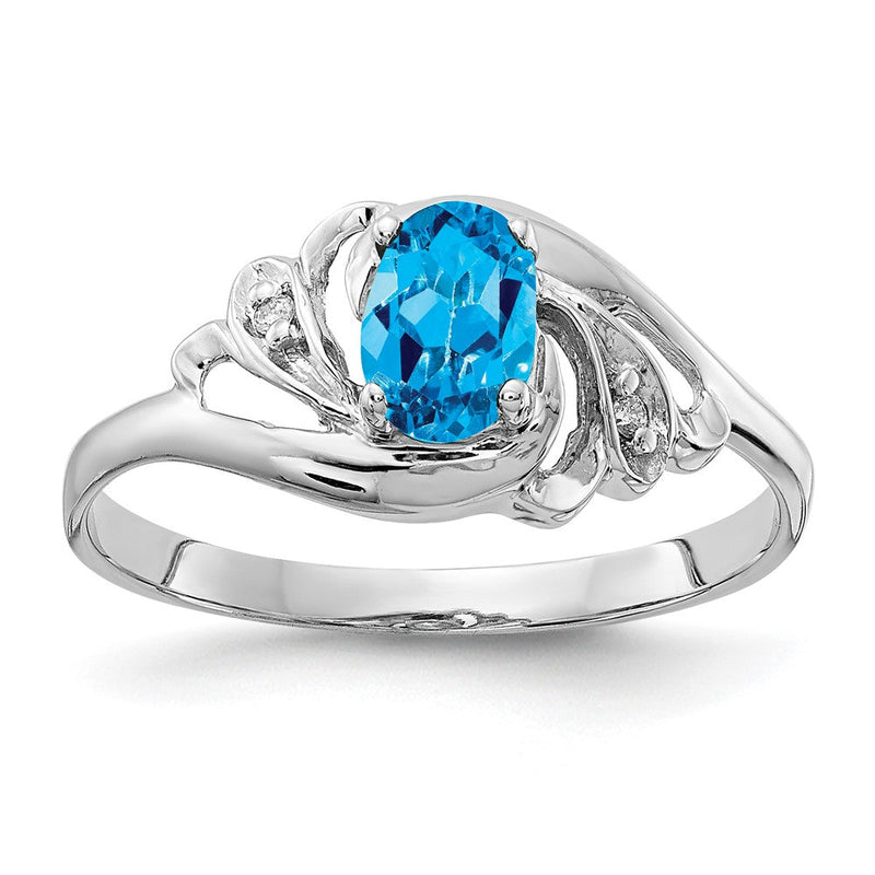 14K Weißgold Ring mit 6x4 mm ovalem Blautopas im Schachbrettschliff AA und echten Diamanten