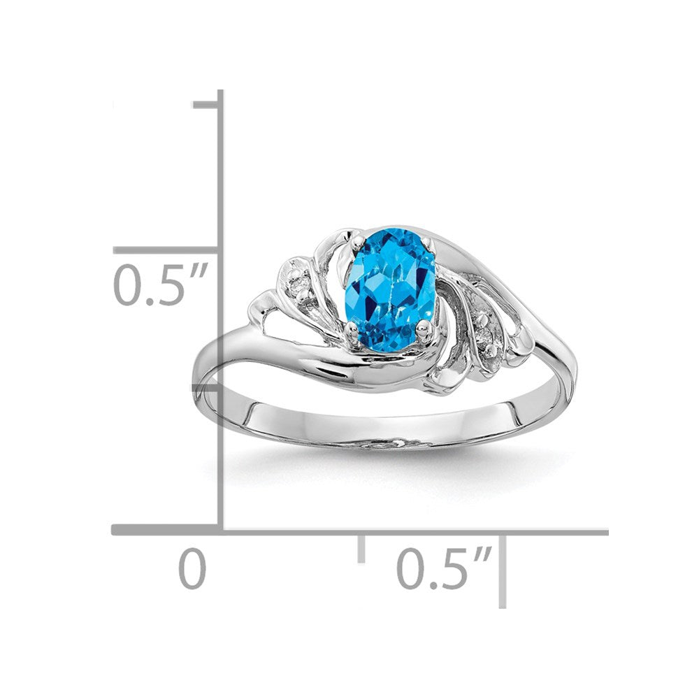 14K Weißgold Ring mit ovalem 6x4 mm Blautopas und echten Diamanten
