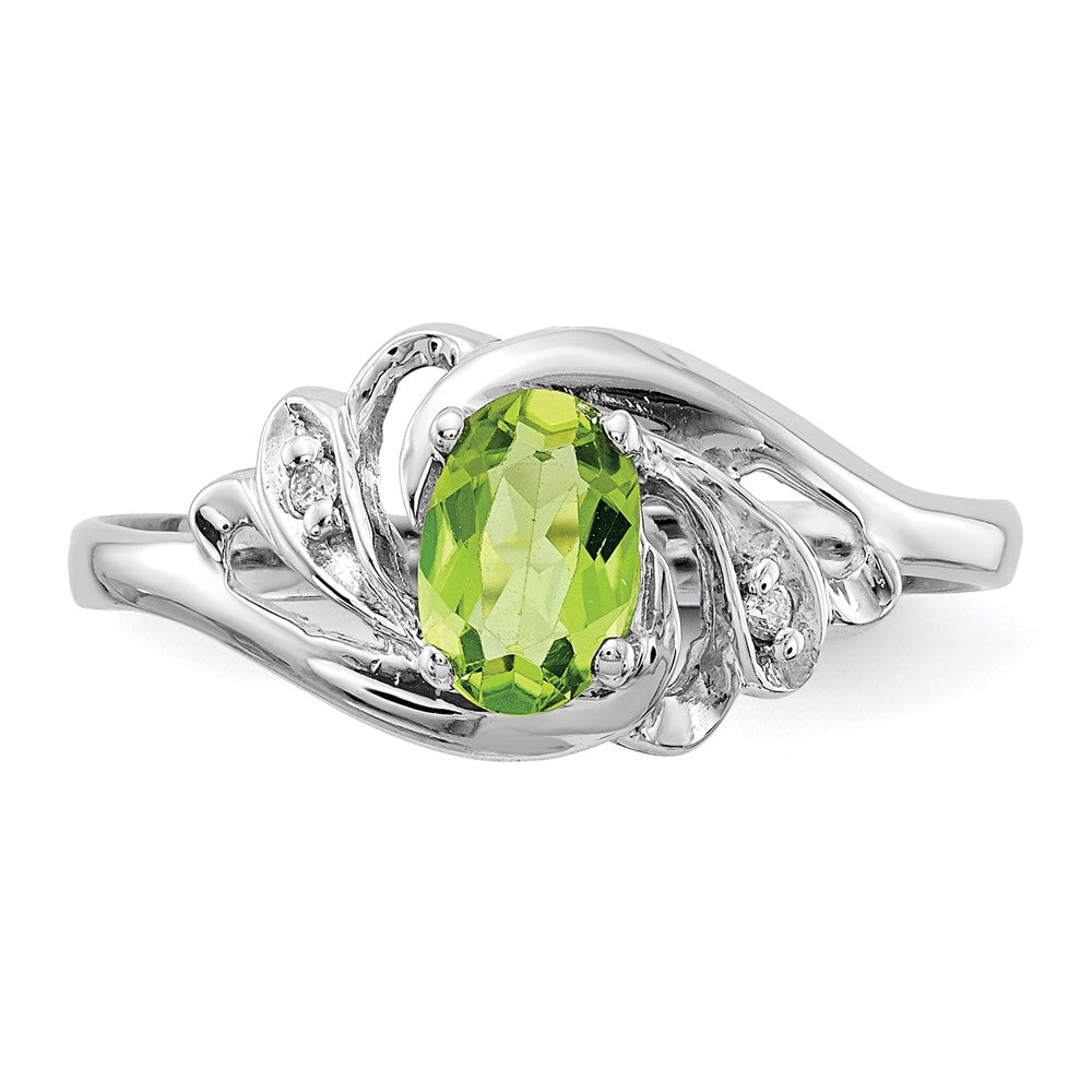 14K Weißgold Ring mit ovalem Peridot im Schachbrettschliff, 6x4 mm, und echten Diamanten in VS