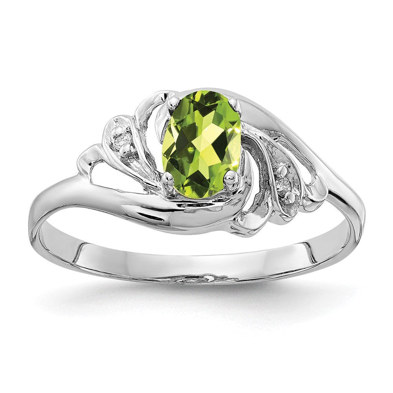 14K Weißgold Ring mit ovalem 6x4 mm Peridot AAA und echten Diamanten