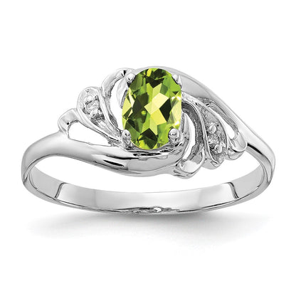 14K Weißgold Ring mit ovalem Peridot im Schachbrettschliff, 6x4 mm, und echten Diamanten in VS