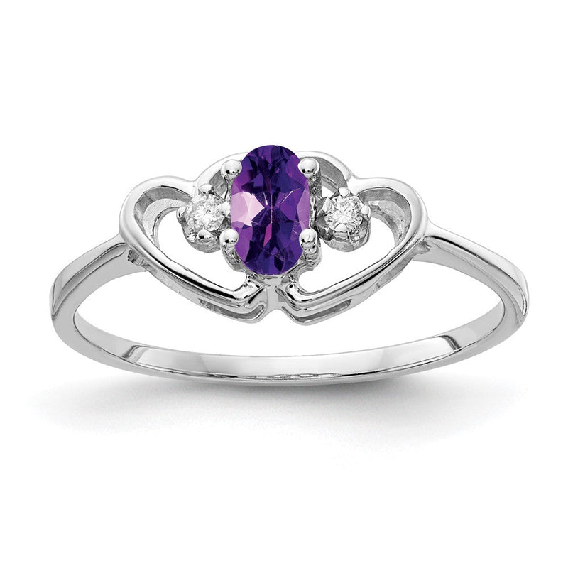 14K Weißgold Ring mit 5x3 mm ovalem Amethyst AA und echten Diamanten