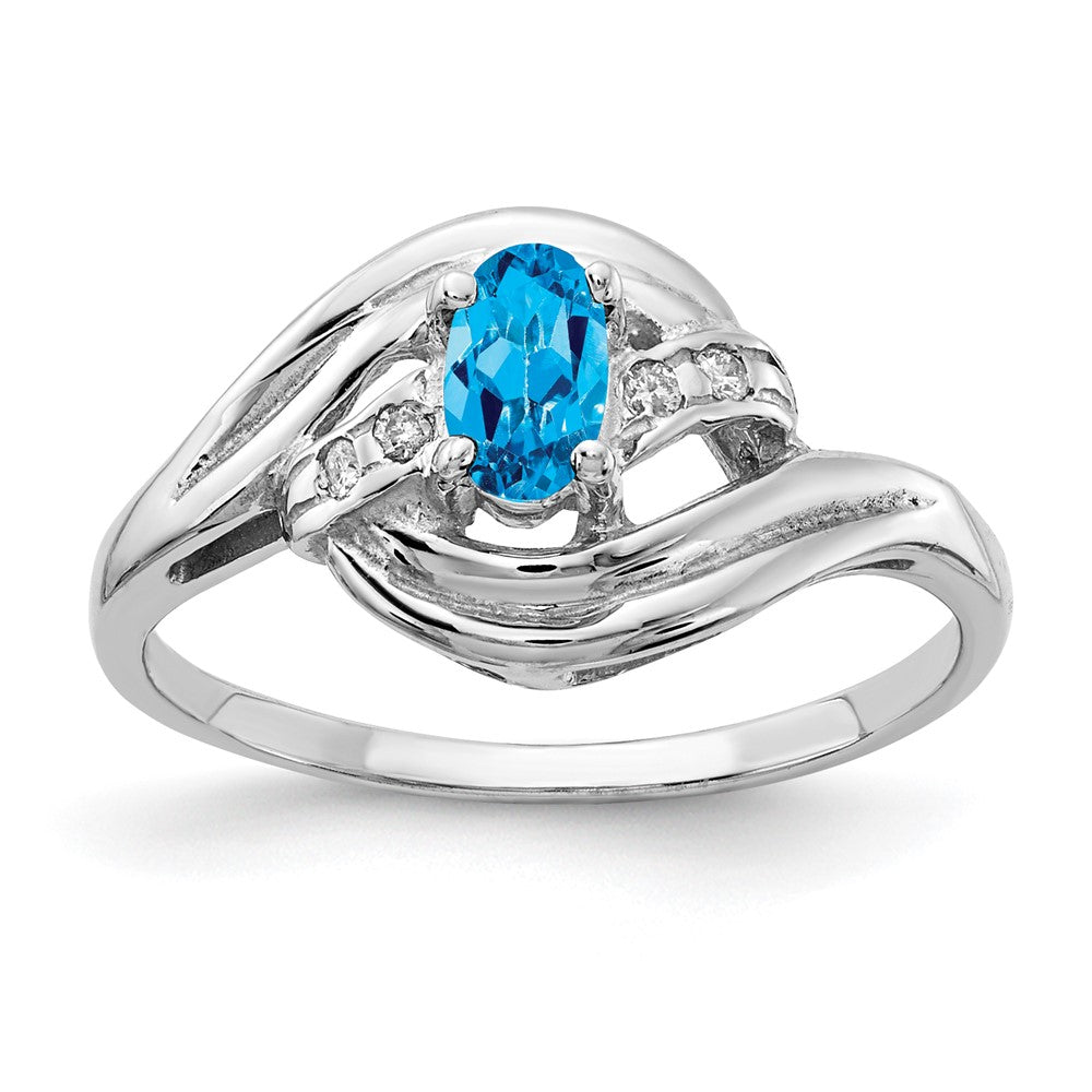 14K Weißgold Ring mit ovalem 5x3 mm Blautopas AAA und echten Diamanten