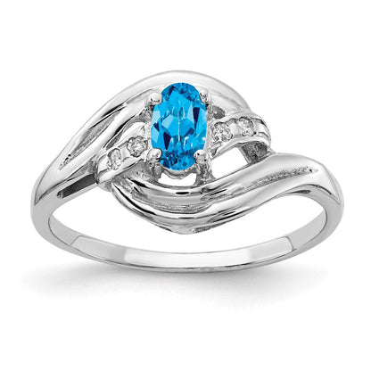 14K Weißgold Ring mit ovalem 5x3 mm Blautopas AAA und echten Diamanten