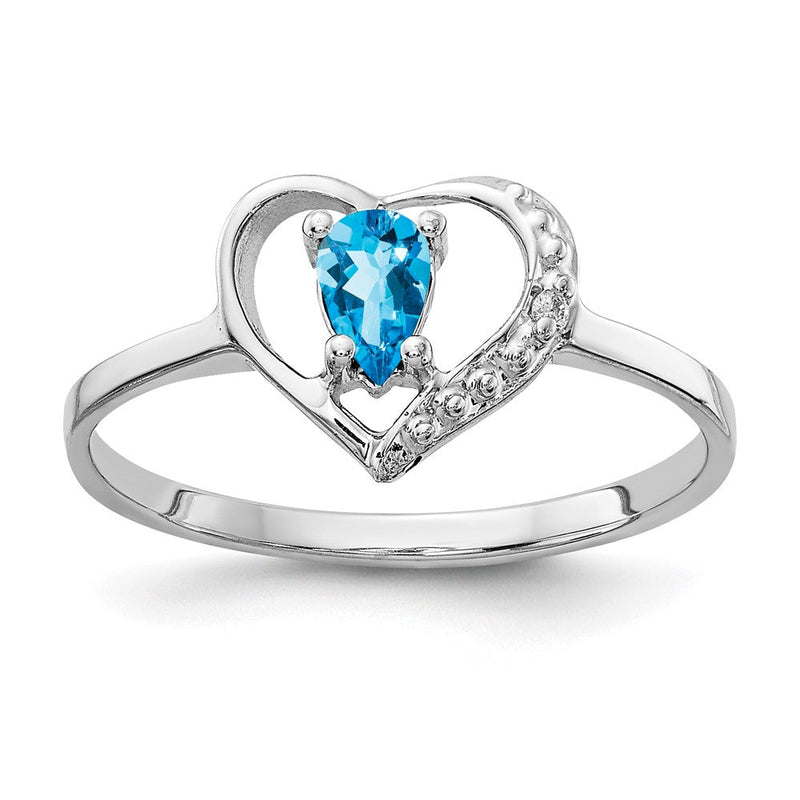 14K Weißgold Ring mit tropfenförmigem blauem Topas AAA 5x3 mm und echten Diamanten