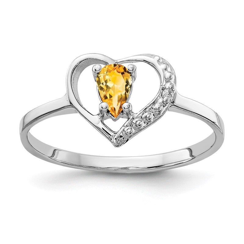 14K Weißgold Ring mit tropfenförmigem Citrin 5x3mm und einem echten Diamanten