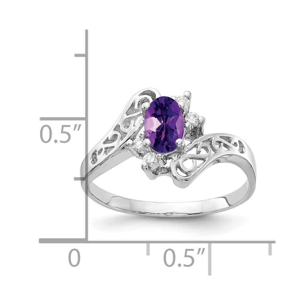 14K Weißgold Ring mit 6x4 mm ovalem Amethyst und echten Diamanten