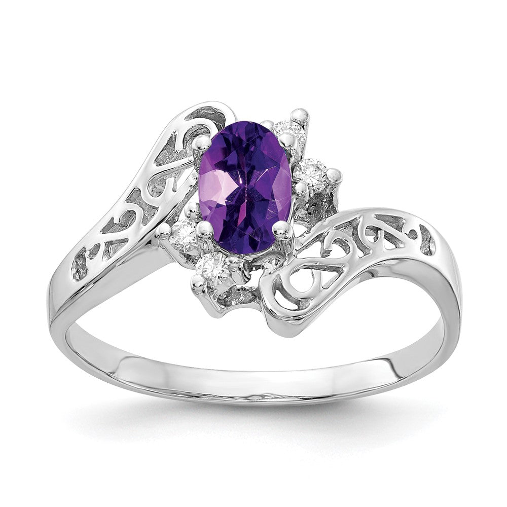 14K Weißgold Ring mit 6x4 mm ovalem Amethyst und echten Diamanten