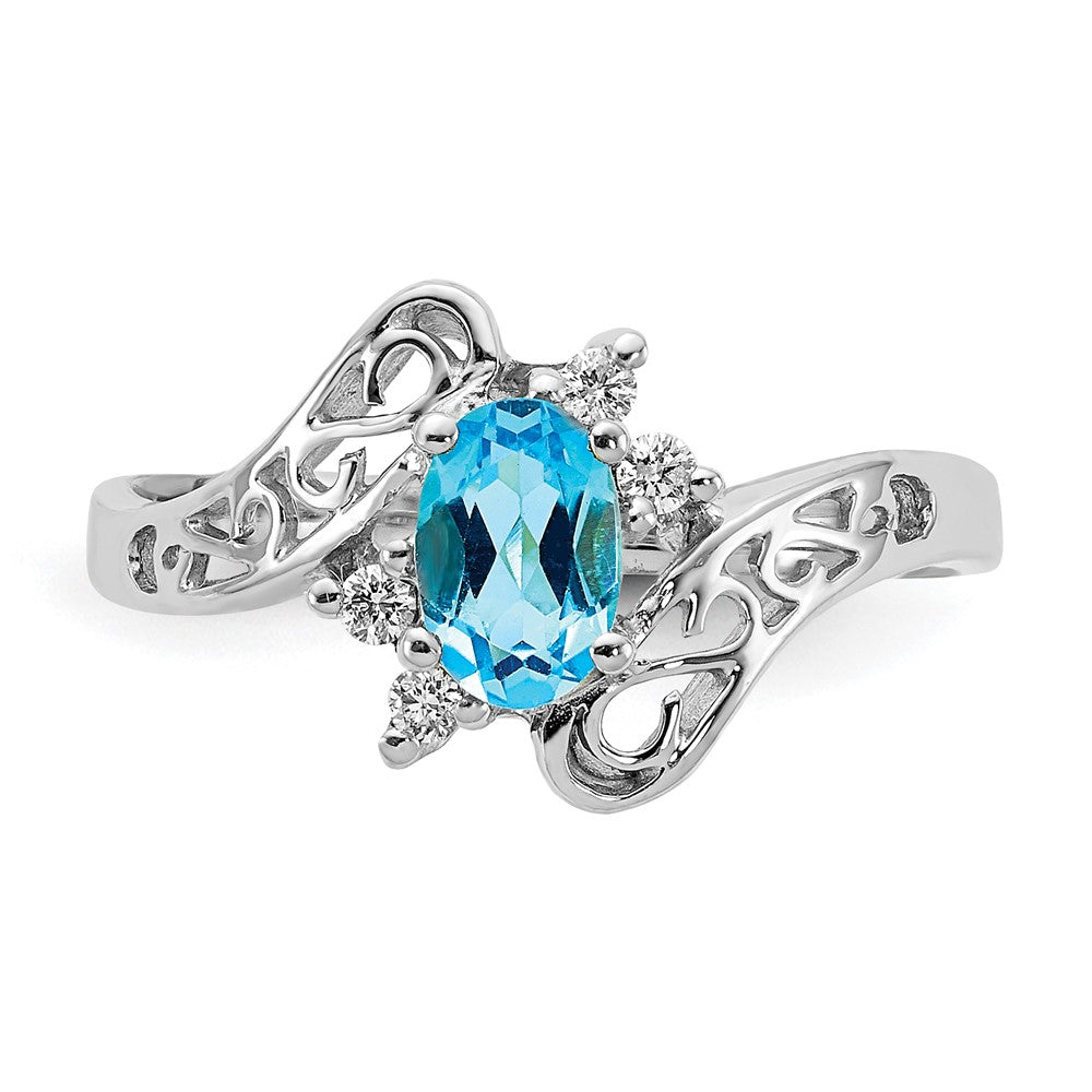 14K Weißgold Ring mit blauem Topas 6x4 mm im Ovalschliff (AA) und echten Diamanten