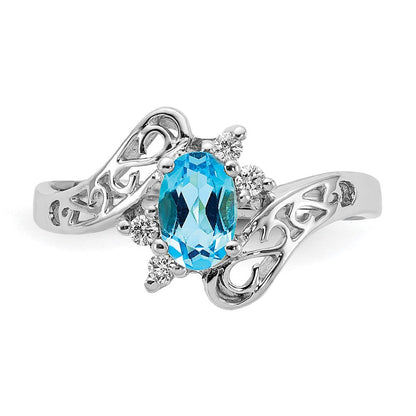 14K Weißgold Ring mit blauem Topas 6x4 mm im Ovalschliff (AA) und echten Diamanten