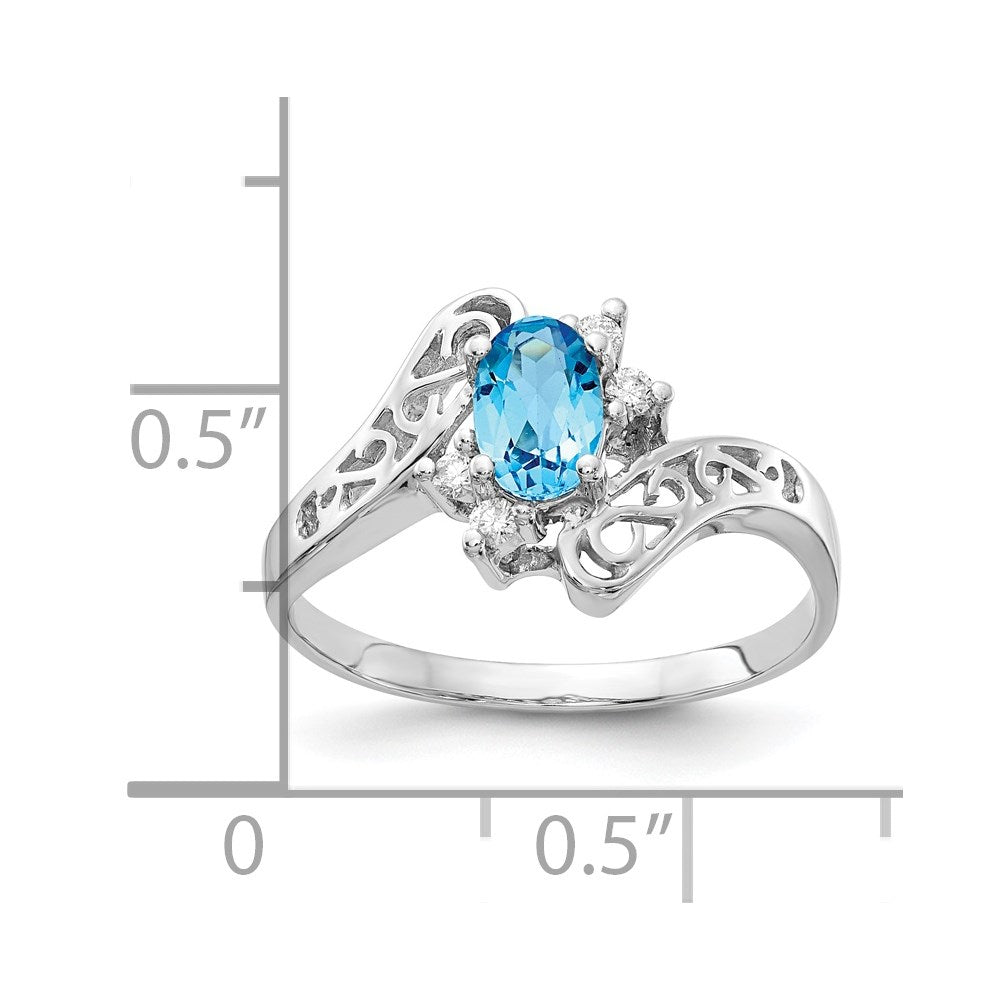 14K Weißgold Ring mit blauem Topas 6x4 mm im Ovalschliff (AA) und echten Diamanten