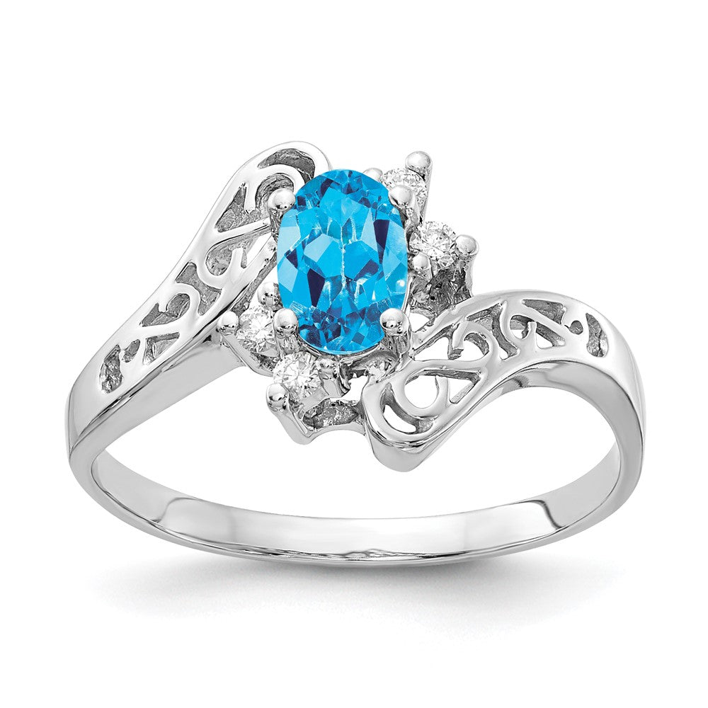 14K Weißgold Ring mit blauem Topas 6x4 mm im Ovalschliff (AA) und echten Diamanten