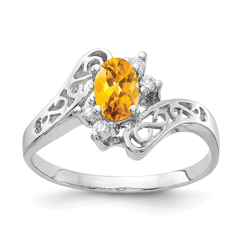 14K Weißgold Ring mit 6x4 mm ovalem Citrin AAA und echten Diamanten