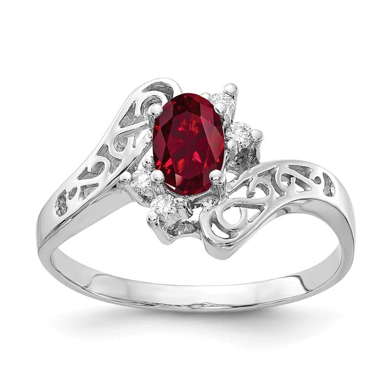 Ring aus 14K Weißgold mit ovalem synthetischem Rubin AAA 6x4 mm und echten Diamanten